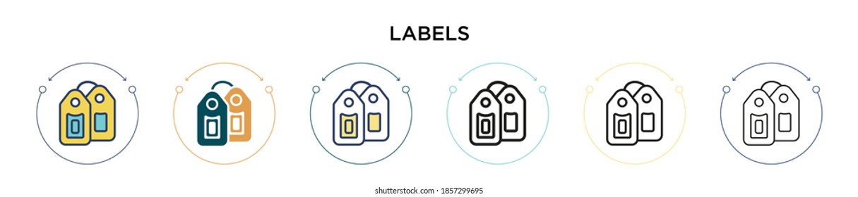 Labels icon in filled, thin line, outline and stroke style. Vector illustration of two colored and black labels vector icons designs can be used for mobile, ui, web