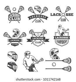 Labels of lacrosse club. Vector monochrome pictures set. Illustration of lacrosse game, sport label with equipment