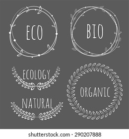  labels, leaves,plants elements,wreaths ,laurels. Organic,bio,ecology,eco natural design template. Hand drawing painting