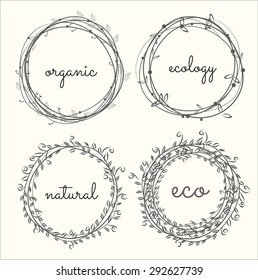 labels, leaves,plants elements,wreaths ,laurels. Organic,bio,ecology,eco natural design template. Hand drawing painting.