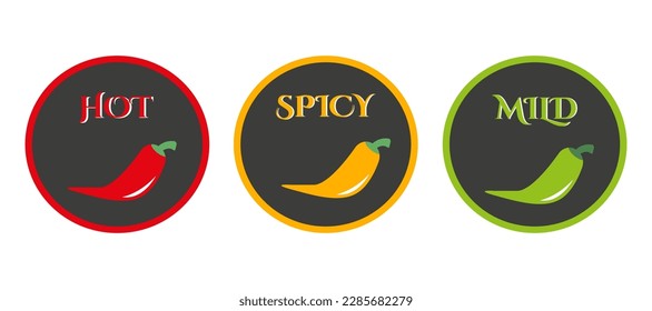 Labels of the level of hot pepper in food. Hot, spicy and mild icon with red, yellow and green chilli peppers. 