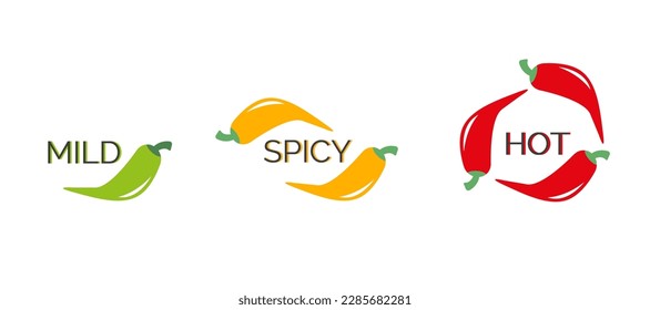 Labels of the level of hot pepper in food. Hot, spicy and mild icon with red, yellow and green chilli peppers. 