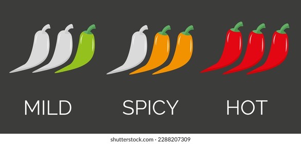 Labels of the level of hot pepper in food. Hot, spicy and mild icon with red, yellow and green chilli peppers on black background