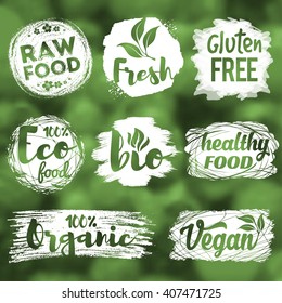 Labels, logos and badges set with healthy, eco, organic and raw food diet designs for meal and drink, shops, cafe, restaurants and products packaging. Vector illustration.