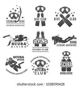 Labels or logos for diving club. Vector pictures set of divers and different specific equipment. Illustration of underwater scuba diving with snorkeling, hobby sport emblem