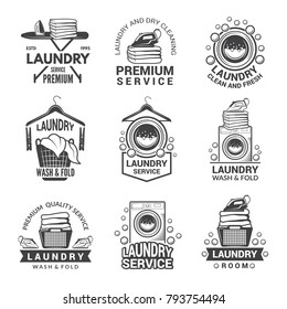 Labels or logos for laundry service. Vector monochrome pictures. Laundry logo and household wash illustration