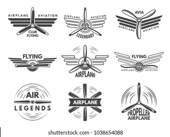 Labels an logos for military aviation. Aviator symbols in monochrome style. Aviation and airplane emblem, aircraft flight logo or badge illustration