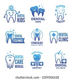 Labels and logos set of dental theme and illustrations of healthy teeth. Dentistry logo, stomatology and healthcare emblem vector