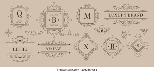 Etiquetas y logotipos, diseño de marca de lujo con adornos y formas. Emblemas de boceto monocromo de época con inscripciones y elementos decorativos. Producto de primera calidad. Vector de estilo plano
