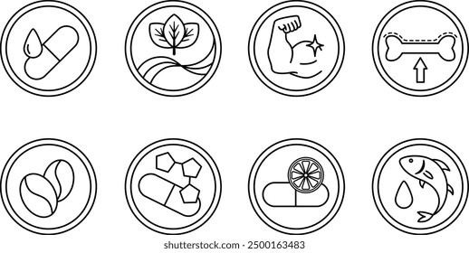 Labels for Medicine and Food Packaging. Vector Icons of Vitamin E, Fiber, Protein, Calcium, Caffeine, Minerals, Vitamin C, Omega 3 Fatty Acids