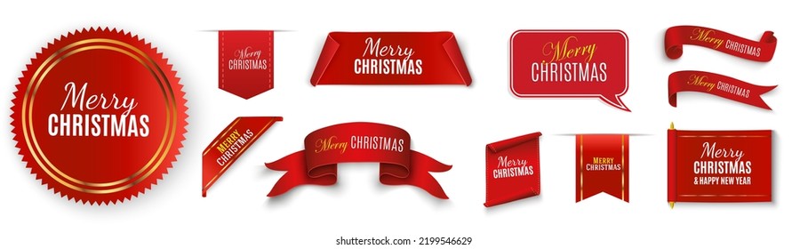 Labels Merry Christmas and Happy New Year. Red scrolls and banners isolated. Christmas scroll vector illustration, red color banner. Merry Christmas and Happy New Year label.