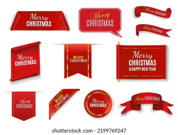 Labels Merry Christmas and Happy New Year. Red scrolls and banners isolated. Christmas scroll vector illustration, red color banner. Merry Christmas and Happy New Year label.