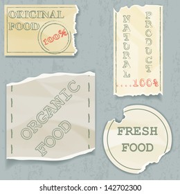 Labels of natural food on scraps of the old paper. Vector illustration