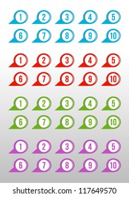 Labels with numbers, blue, red, green and purple arrows