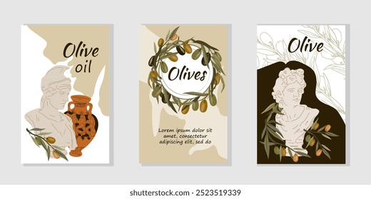 Labels for olive oil and marinated olive products, hand drawn vector illustration.