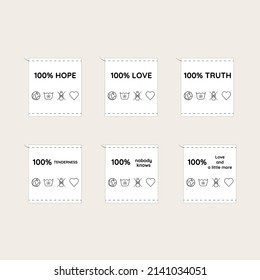 labels on clothes with kind messages. A memo on caring for other people.