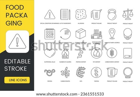 Labels on food packaging of food products, set of line icons in vector, list of ingredients and special conditions or warnings, allergens, volume and weight, expiration date. Editable stroke