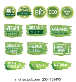 labels of organic food. Vector green abstract hand drawn watercolor background. Natural, organic food, bio, eco design elements.