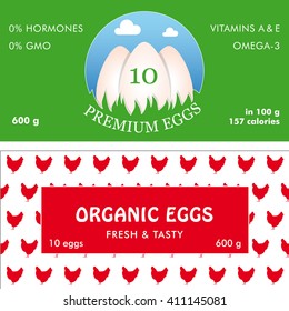 Labels for packing eggs. Green and patterned backgrounds. Vector illustration.