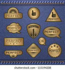 Labels 'Perfect' on jeans background. Grouped for easy edition. In gallery also gold and silver options. And also in dark blue color. Transparent that allows to place on a background of any color.