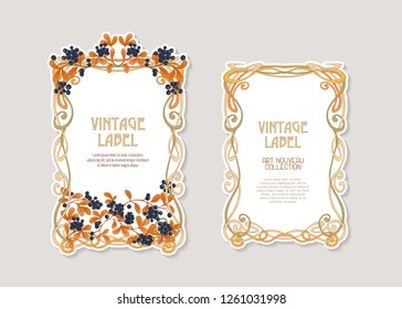  Labels for products or cosmetics in art nouveau style, vintage, old, retro style. Set of face and back sides. Stock vector illustration.