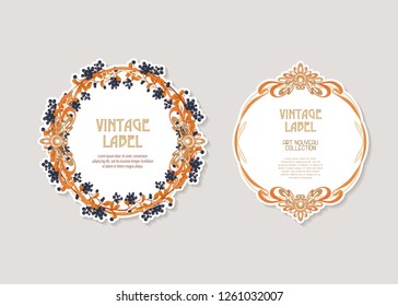  Labels for products or cosmetics in art nouveau style, vintage, old, retro style. Set of face and back sides. Stock vector illustration.