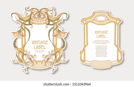  Labels for products or cosmetics in art nouveau style, vintage, old, retro style. Set of face and back sides. Stock vector illustration.