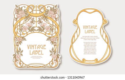  Labels for products or cosmetics in art nouveau style, vintage, old, retro style. Set of face and back sides. Stock vector illustration.