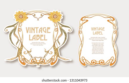  Labels for products or cosmetics in art nouveau style, vintage, old, retro style. Set of face and back sides. Stock vector illustration.