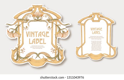  Labels for products or cosmetics in art nouveau style, vintage, old, retro style. Set of face and back sides. Stock vector illustration.