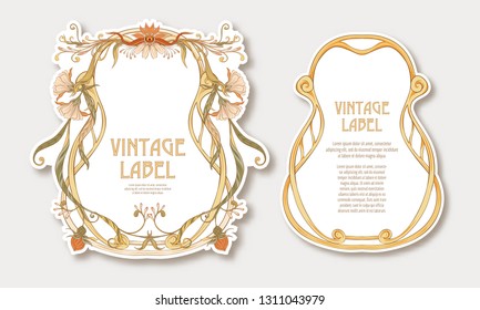  Labels for products or cosmetics in art nouveau style, vintage, old, retro style. Set of face and back sides. Stock vector illustration.