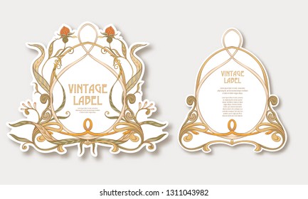  Labels for products or cosmetics in art nouveau style, vintage, old, retro style. Set of face and back sides. Stock vector illustration.