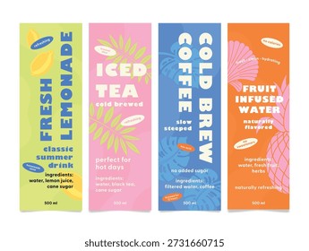 Labels for refreshing summer drinks with lemon flavor, iced tea, coffee, and fruit-flavored water with ingredients listed