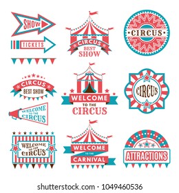 Labels in retro style. Logos for circus entertainment. Carnival and circus entertainment, vector illustration