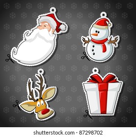 Labels of Santa Claus, reindeer, snowman, and christmas gift