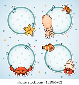 Labels with sea animals: shrimp, starfish, fish, hermit crab, crab, squid.