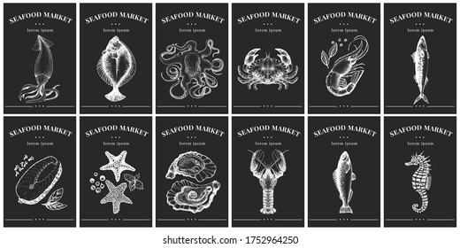 Labels with seafood. Vintage set templates price tags for shops and markets. Vector illustrations on chalk board.