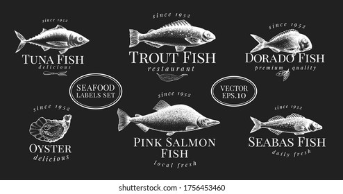 Labels with seafood. Vintage set templates price tags for shops and markets. Vector illustrations on chalk board.