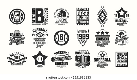 Labels set of baseball game. Graphic design for t-shirt. Black print on white background