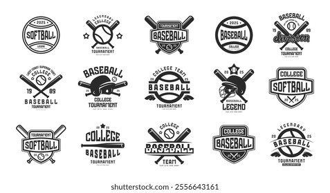 Labels set of baseball and softball game. Graphic design for t-shirt. Black print on white background