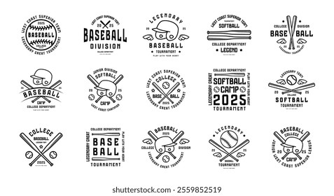 Labels set of baseball and softball game. Thin line style graphic design for t-shirt. Black print on white background