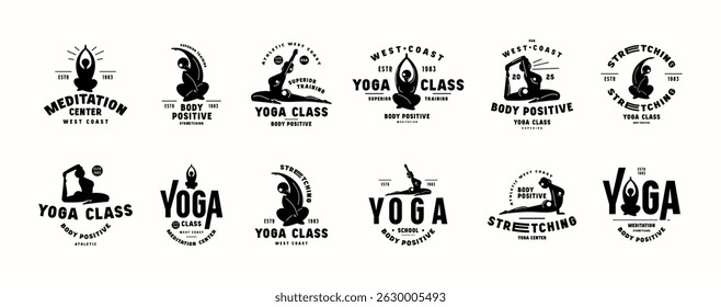 Labels set of body positive yoga class. Graphic design with silhouettes of girls in asanas. Black print on white background