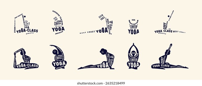 Labels set of body positive yoga class. Graphic design with typographic silhouettes of girls in asanas. Black print on white background