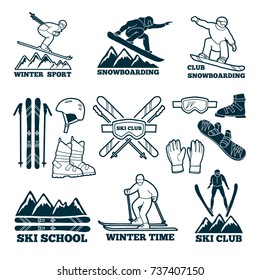 Labels set for club of skier. Silhouette of ski sportsmen. Symbols of winter sport for logos design. Ski sport club badge, stick and snowboard illustration
