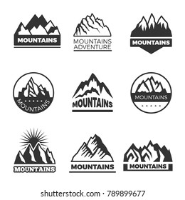 Labels set with different illustrations of mountains. Templates for logos design. Mountain emblem logo, rock hill banner vector
