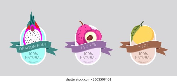 Labels set with Dragon Fruit, Lychee and Yuzu