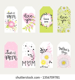 Labels set on mothers day. Holiday romantic vector illustration with hearts, lettering, flowers, leaves and branches, collection of lovely symbols for mom day. Template for your design.