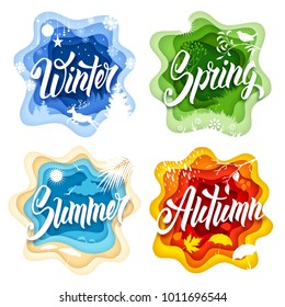 Labels set in paper art style with calligraphic inscriptions and seasonal elements for all four seasons - Winter, Spring, Summer and Autumn. Isolated on white background. Vector illustration.