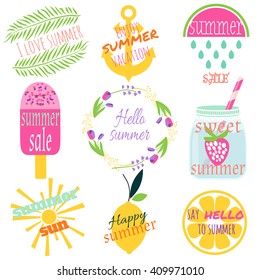 Labels set with phrases about summer, vacation, sale. Vector illustration. Design elements: lemon, smoothie, anchor, watermelon, ice cream, sun, wreath, palm leaves. Isolated on white.