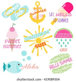 Labels set with phrases about summer, vacation, sale. Vector illustration. 